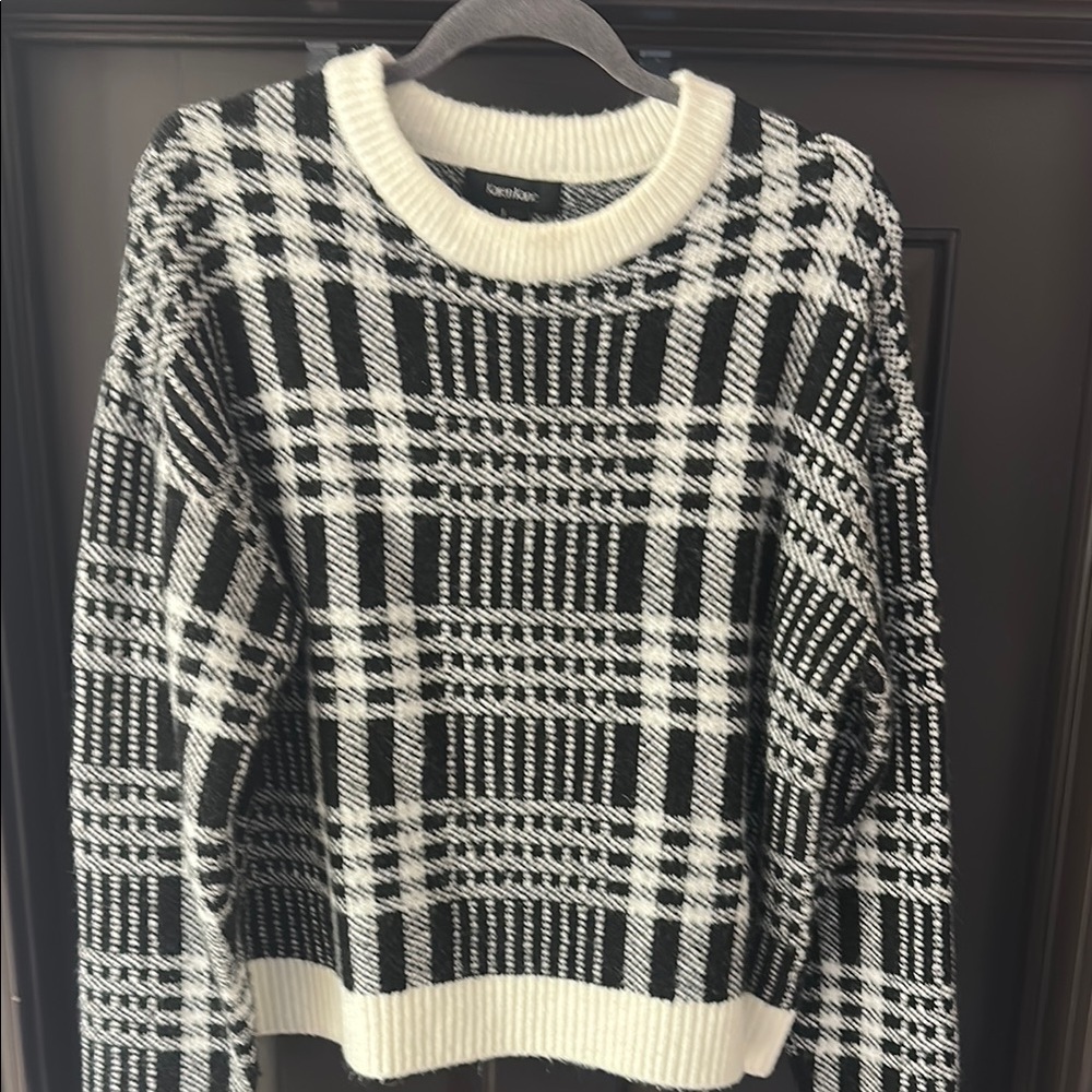 Karen Kane Black and White Plaid Crew Neck Sweater